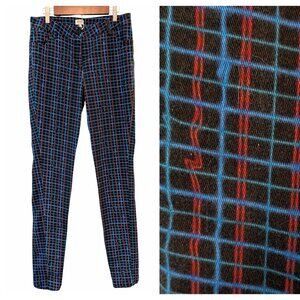 Kenzo Jungle Womens Sz 42/L Black Red Blue Irregular Check Slim Taper Fit Jeans